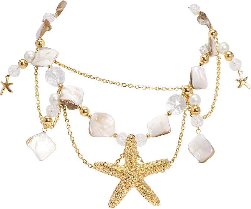 Bocar Statement Shell Bib Choker Necklace for Women Chunky Natural Freshwater Shell Conch Starfish Pearl Pendent Costume Collar Beach Necklace - Image 1